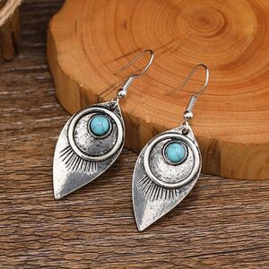 Silver Tone Faux Turquoise Teardrop Eye Dangle Earrings Vintage Boho Style